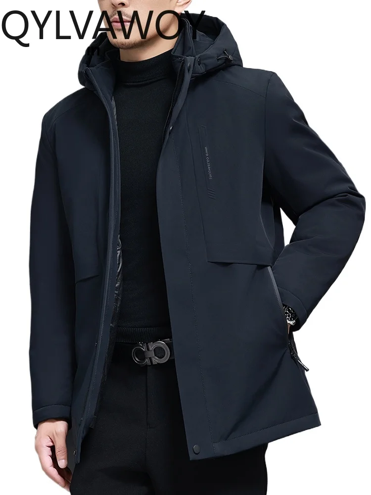 QYLVAWOY 84% Polyamide 2024 Winter New Down Jacket Warm Hooded Outerwear Middle-Aged Men's Dad's Outfit Top LJ2549