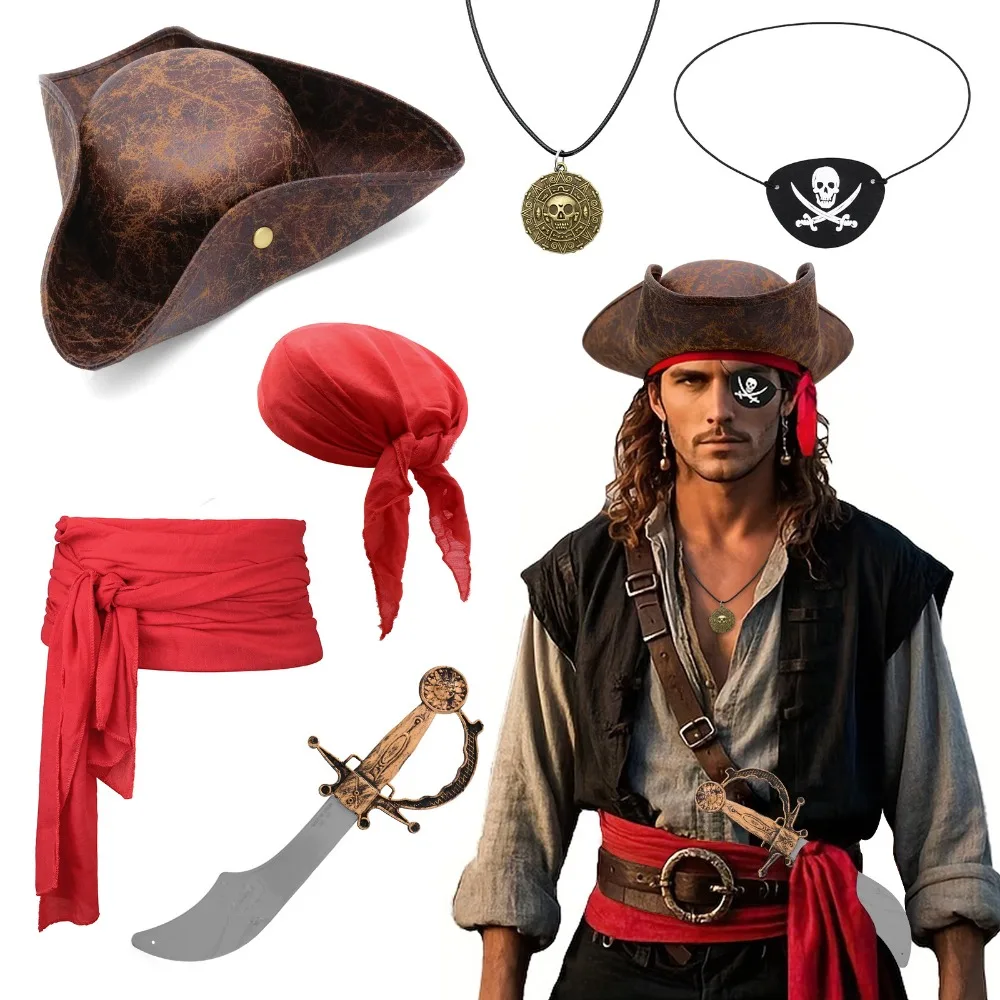 Disfraz de pirata - Accesorios de pirata para adultos: sombrero de pirata + pañuelo para la cabeza + cinturón + cuchillo + máscara para los ojos + colgante