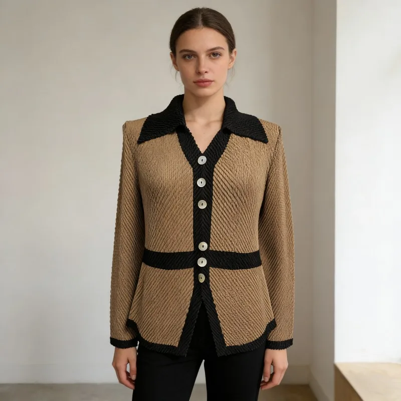 

Miyake Pleated Women's Top 2026 Spring New Long-sleeved Pullover V-neck T-shirt Commuter Large Size Stretch Women's Clothing