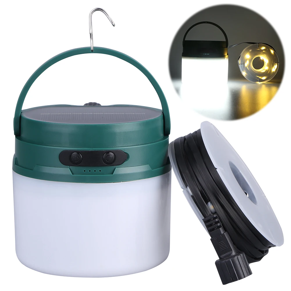 Solar Camping Lantern with String Lights Hanging Tent Light Waterproof Emergency Lamp for Hiking Power Outage Saving Bulb