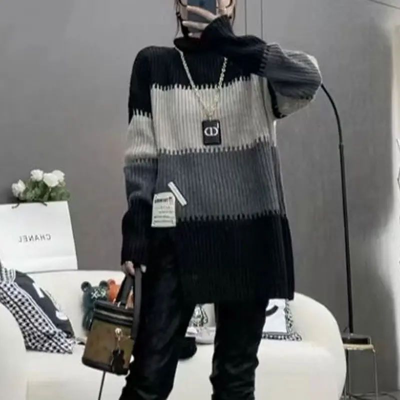 Stylish Vintage Striped Spliced Sweaters 2024 Autumn Winter Casual Turtleneck Female Clothing Korean Split Patch Designs Jumpers