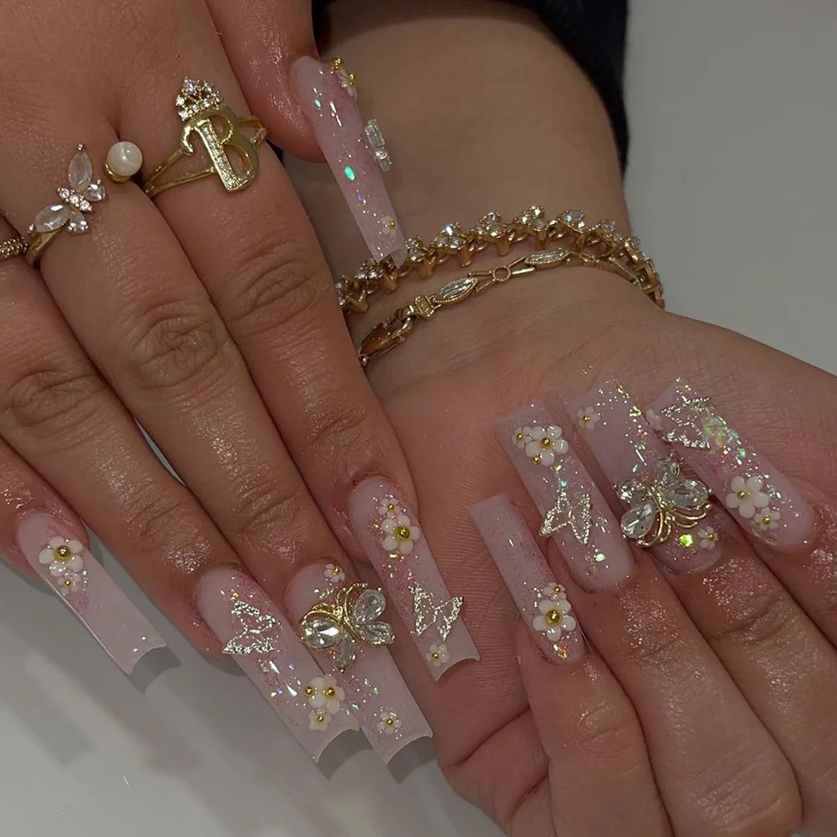 Uñas postizas de Ballet de 24 piezas, uñas largas a presión francesa con diamantes de imitación, diseño de lazo rosa, manicura de Cabeza Cuadrada