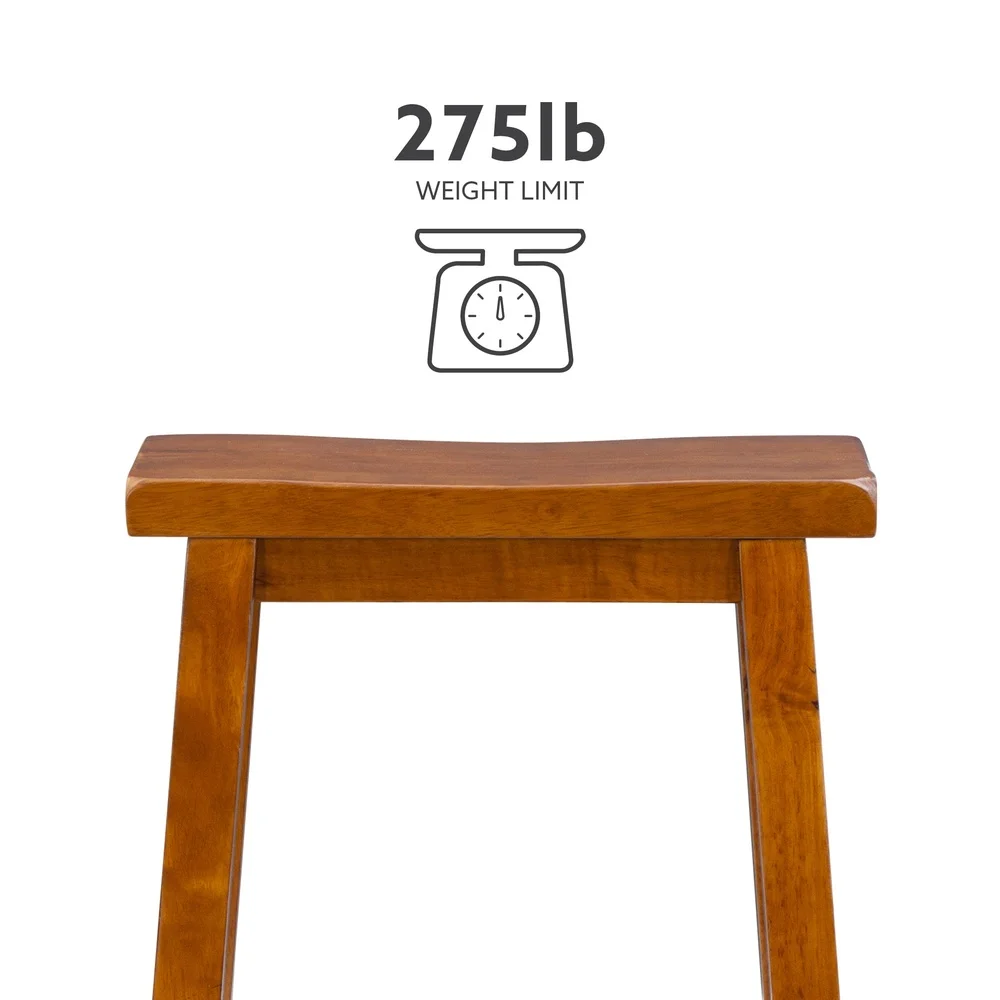 Wooden Saddle Seat Counter Stool 24in Height Rustic Design Simple Assembly Comfortable Footrest Barstool Kitchen Dining Room