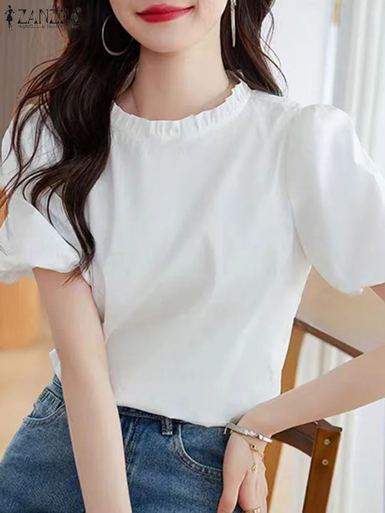 ZANZEA Elegant White Blusas Summer Loose Puff Short Sleeve Tops Sweety Women Ruffled Blouse Korean 2024 Half Turtle Neck Tunic