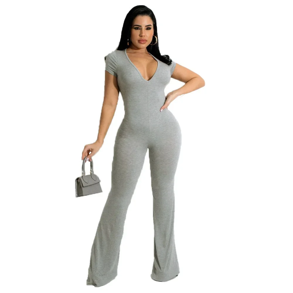 MM2160 Sexy Women's Explosive Solid Color Flared Pants Short Sleeve Women's Grey Jumpsuit