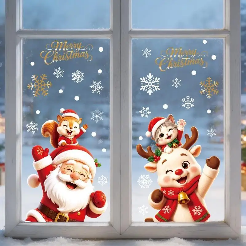 2Pcs Christmas Window Stickers Festive Santa Reindeer Animal Prints Easy Apply Decals for Mall Xmas Display Decor