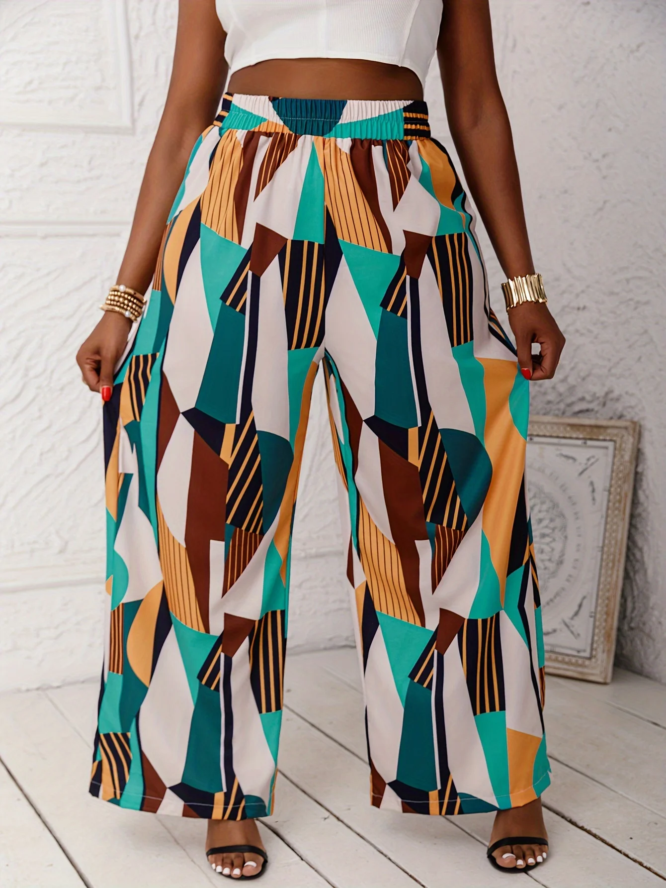 

Women's plus Size High-Waisted Wide Leg Pants Geometric Print Flowy Trousers Elastic Waist