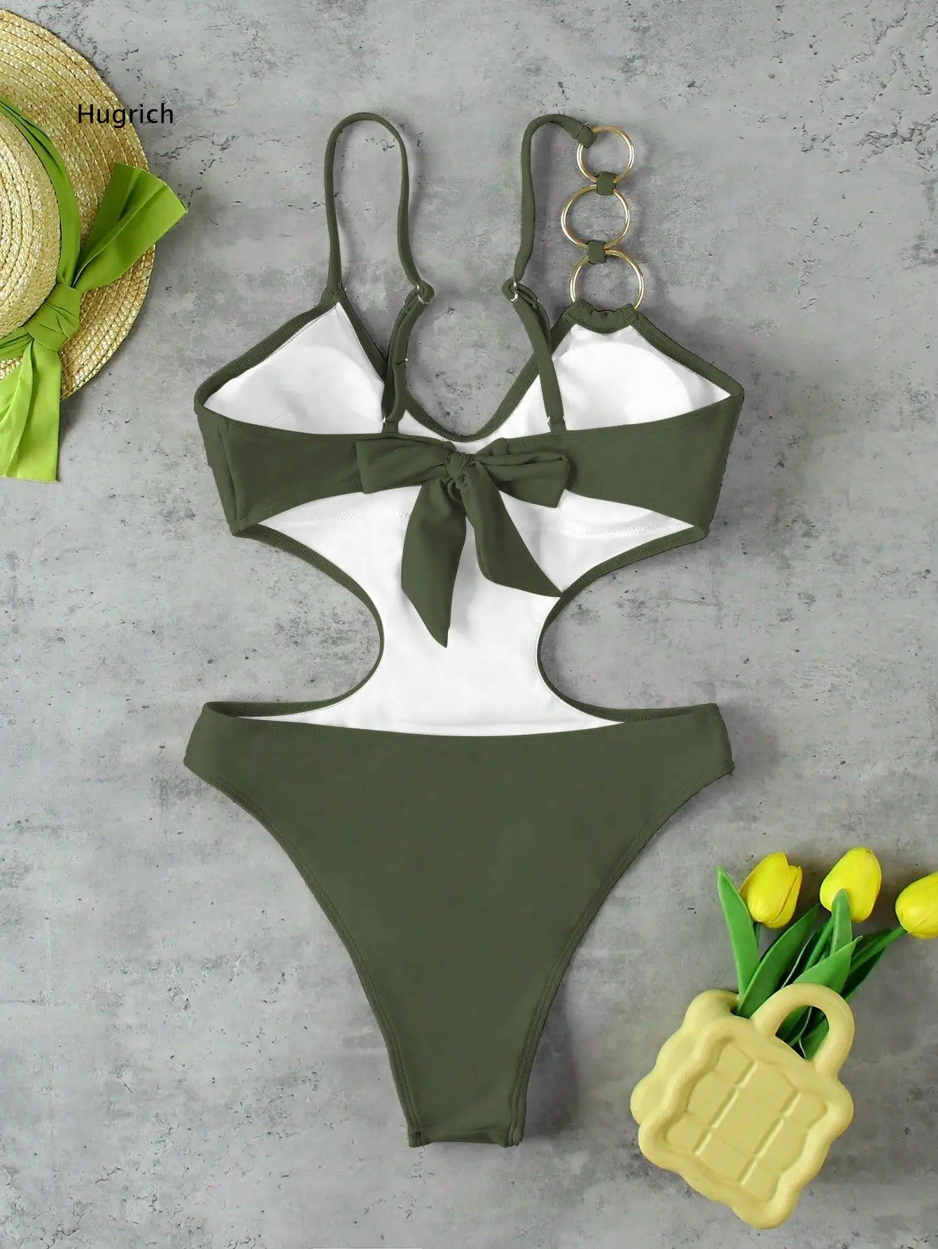 Women Solid Olive Green One Piece Swimsuit Deep V Neck Metal Ring Decor Side Waist Cutout High Cut Bathing Suit For Beach Pool