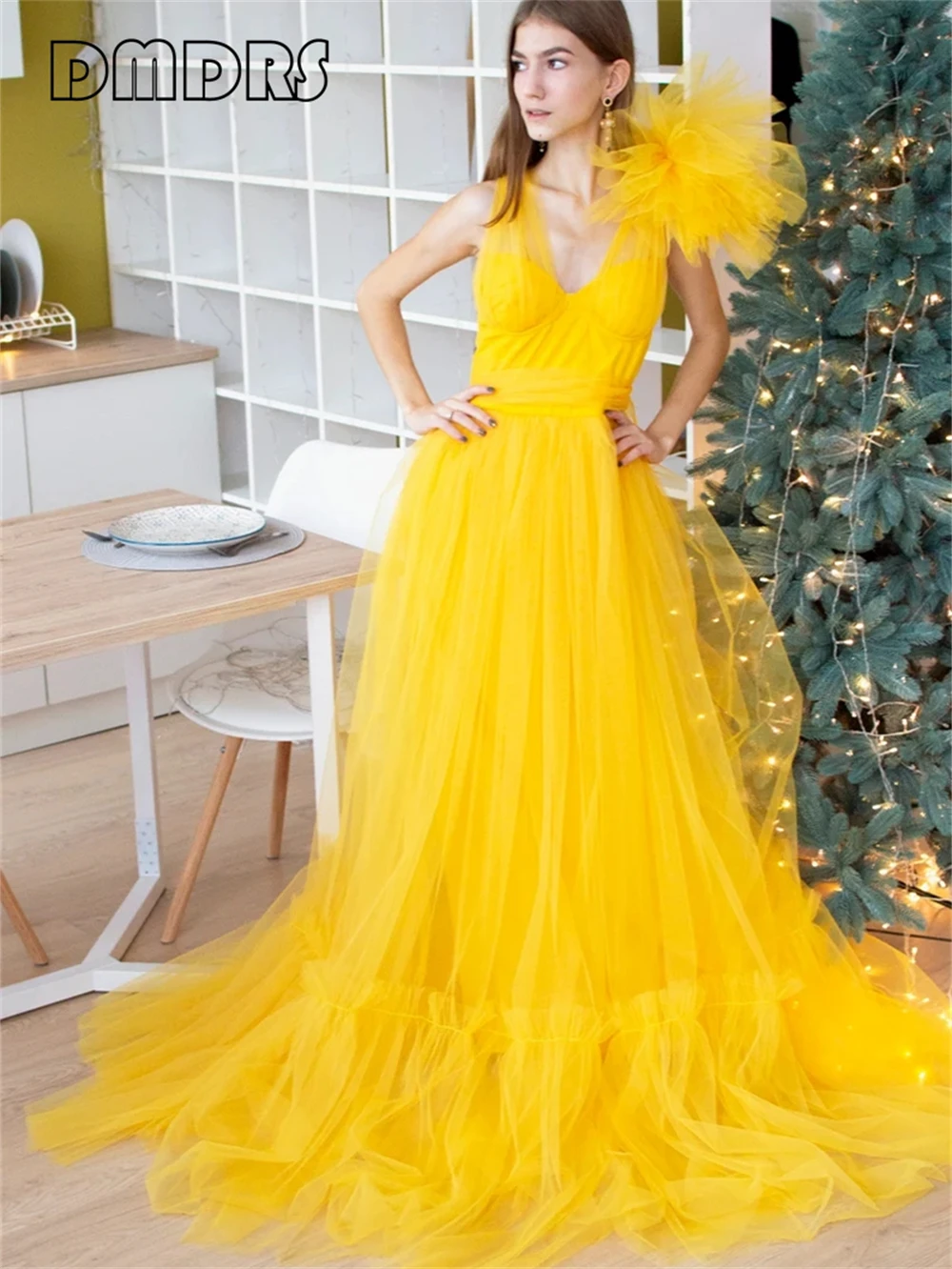 110 Colors Tulle Dress For Women Photo Shoot Fluffy Yellow Gown Dress Floor Length One Shoulder Sweet Women\'s Prom Dresses