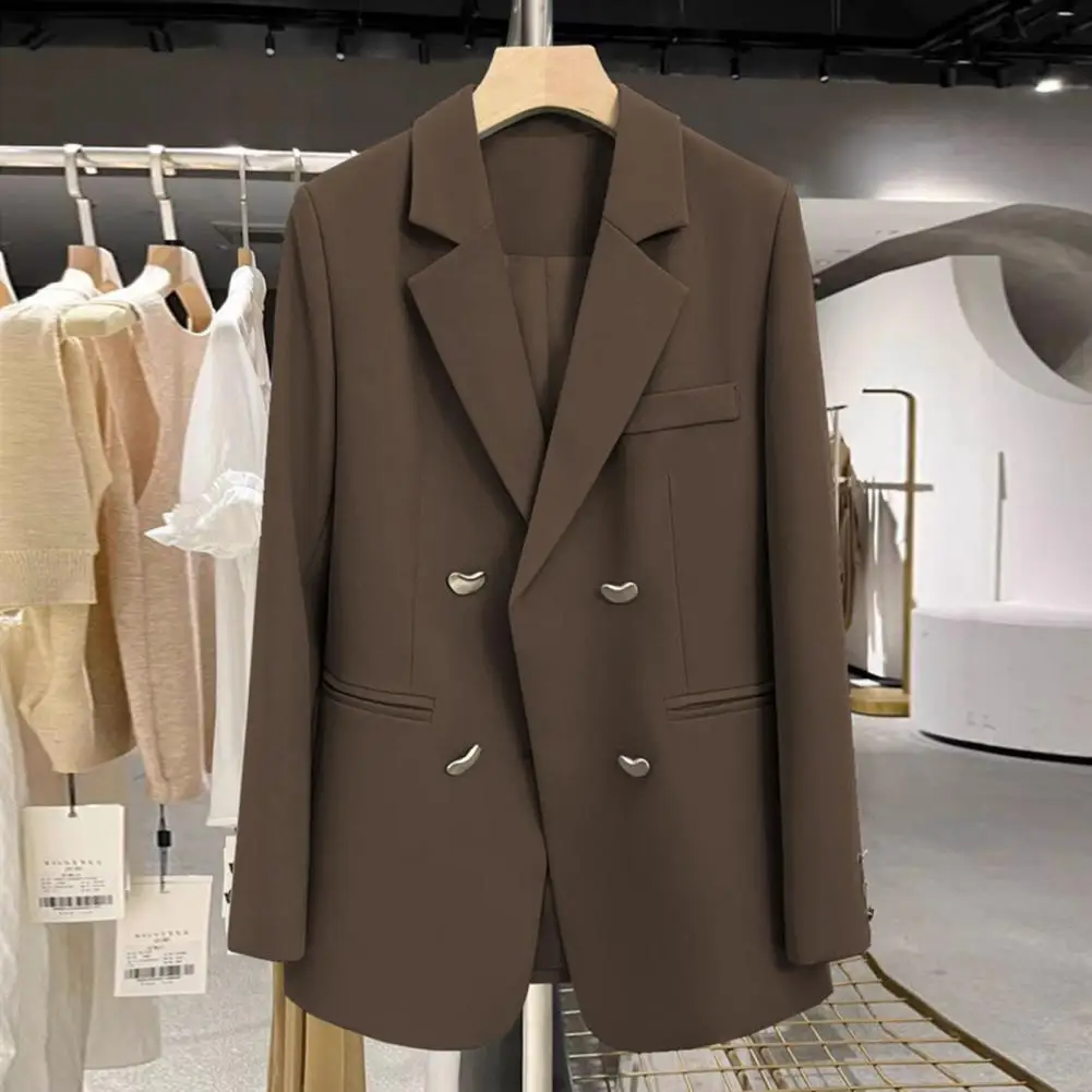 Lapel Long Sleeve Suti Coat Elegant Lapel Women's Suit Coat with Double Breasted Design Stylish Office Lady Outwear for Casual