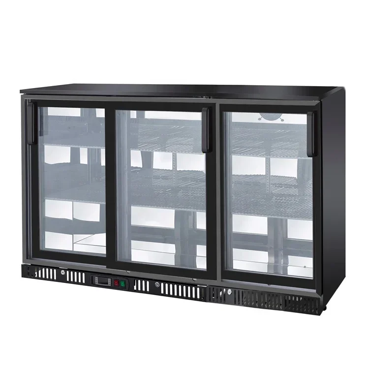 Black Color Commercial Beer Bar Refrigerator with 3 Sliding Doors Fancooling Type 304L Capacity