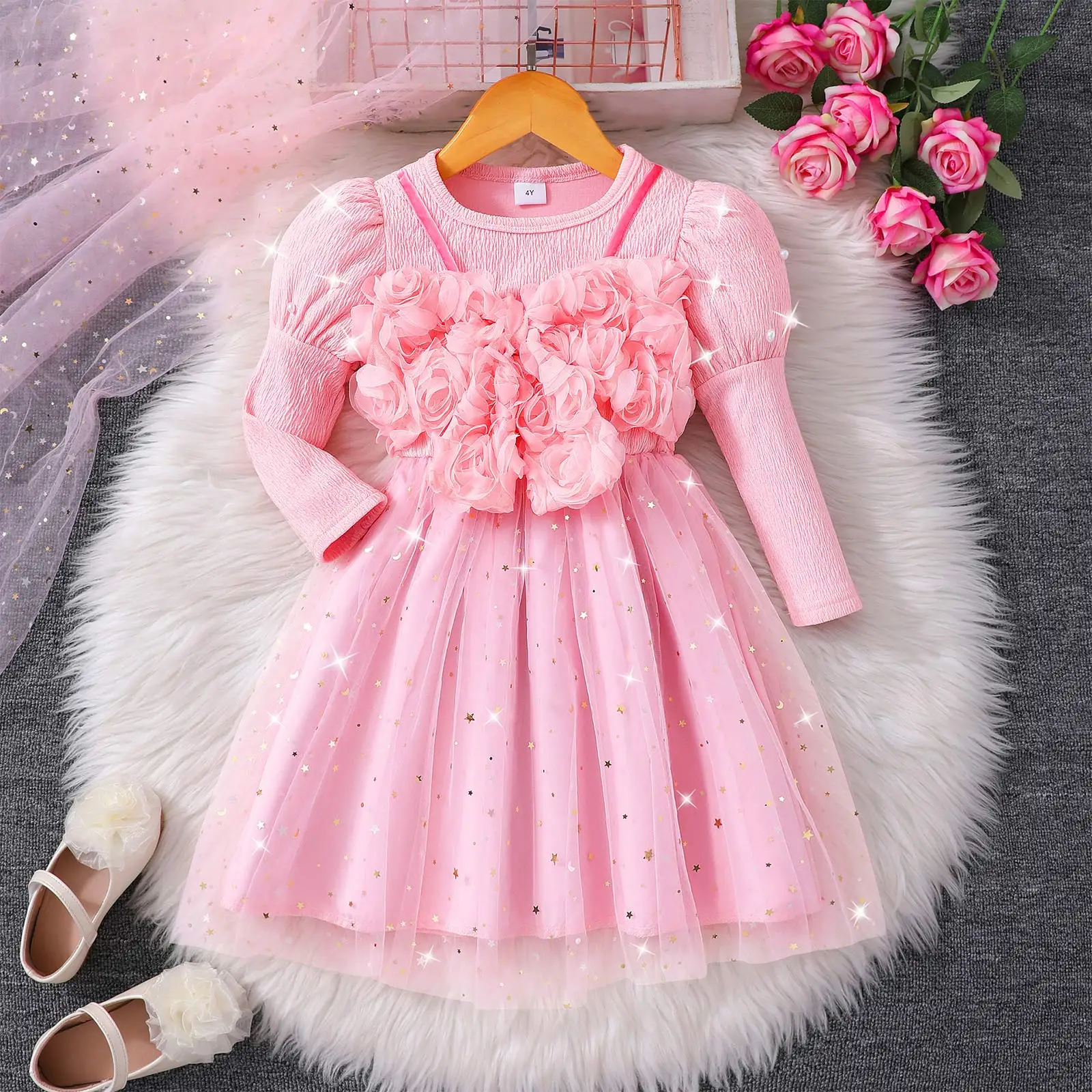 

2t Dresses for Girls Cotton Girls 3D Floral Dress Infant Puff Sleeve Dress Long Sleeved A Line Birthday Dress for Baby Girl