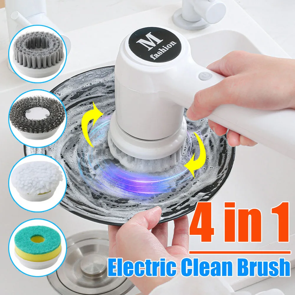 Wireless Electric Cleaner Brush Multifunctional 360 Degree Electric Dishwashing Brush with 4 Heads for Housework Window Bathroom