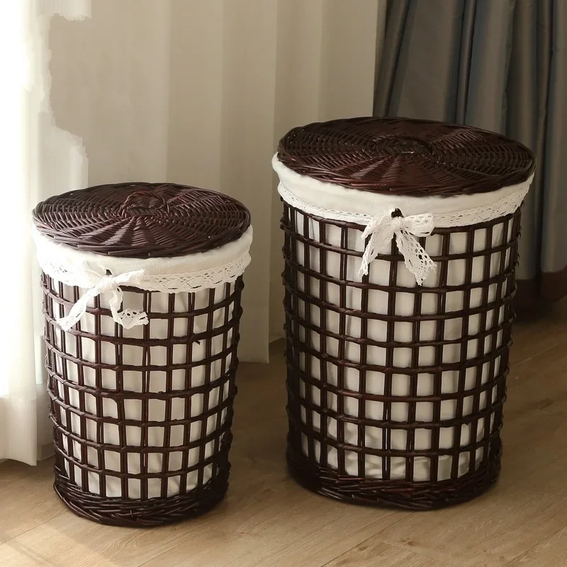 Bamboo Woven Hollow Out Dirty Clothes Basket Rural Wind Clothes Storage Basket Toilet with Cover Organizer