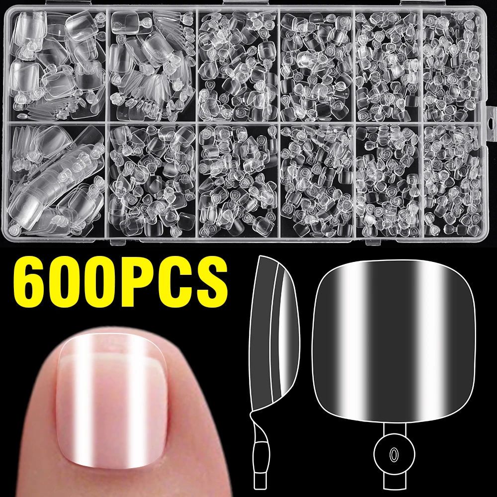 

600Pcs/Box Clear Short Square False Toenails Acrylic Full Cover Fake Toe Nails Foot Nail Art Tips Press on Toenails Extension