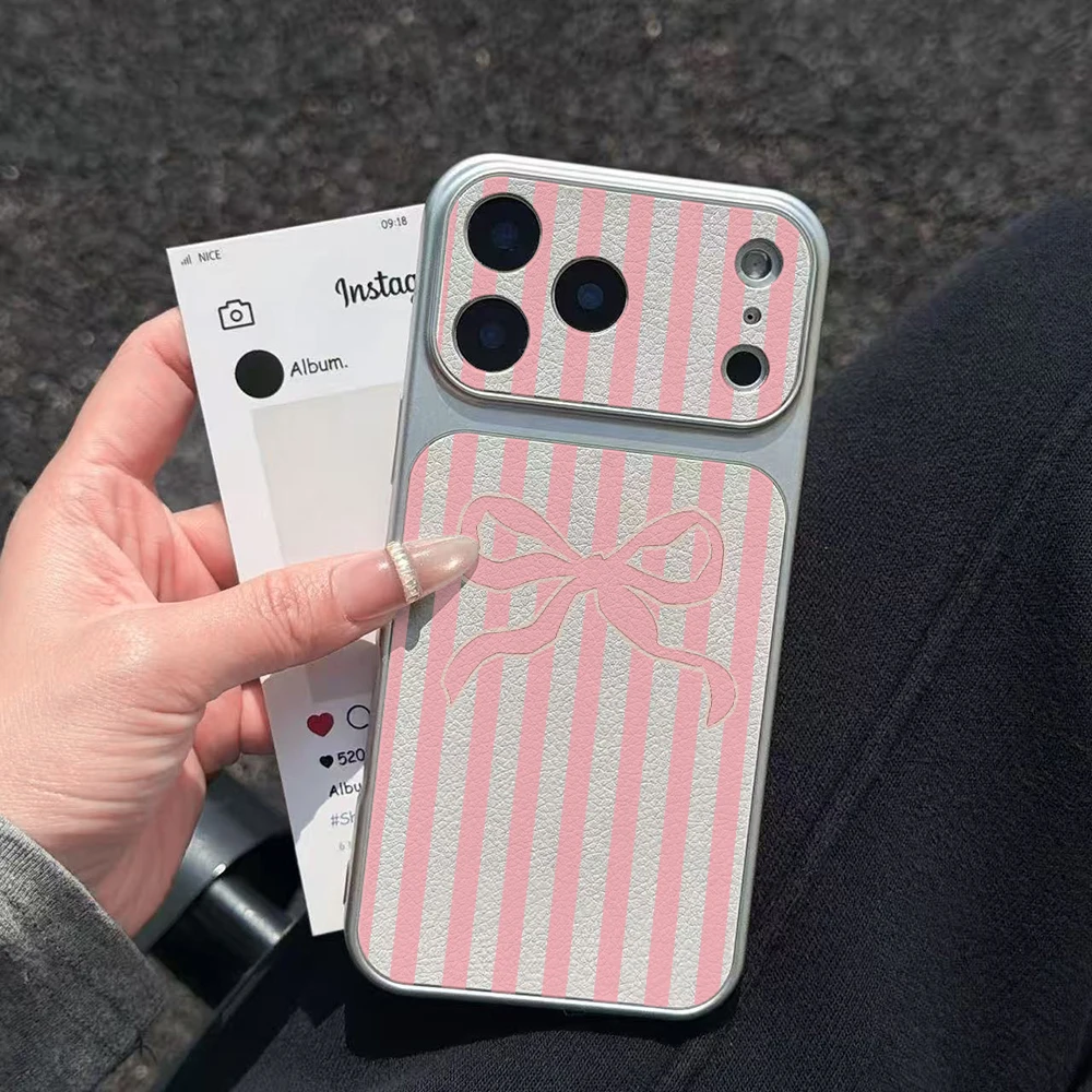 Cute Cartoon Bow Striped Electroplated Glossy Phone Case for iPhone 17 16 Air 11 12 13 14 15 Pro Max 7 8 Plus X Protective Cover
