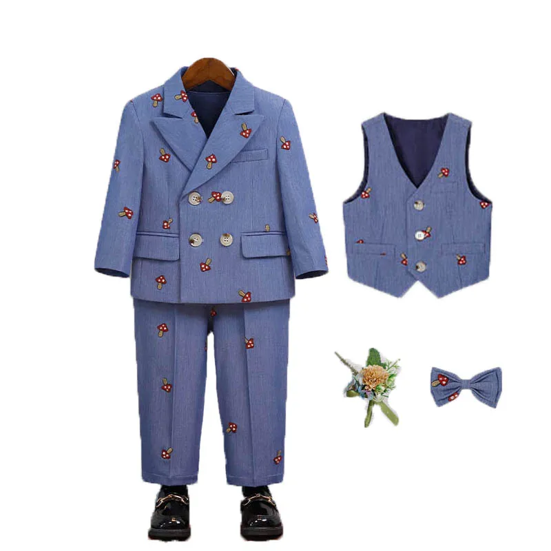 Kids 5Pieces/Set Blue Mushroom Jacket Vest Pants Bowtie Flower Photograph Suit Boys Easter Ceremony Dress Child Evening Costume