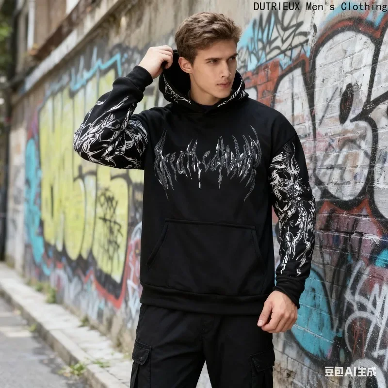 【Envio rápido】 Moletom com capuz masculino outono/inverno Dark God Personality, tamanho extra grande, moletom solto e confortável de manga comprida