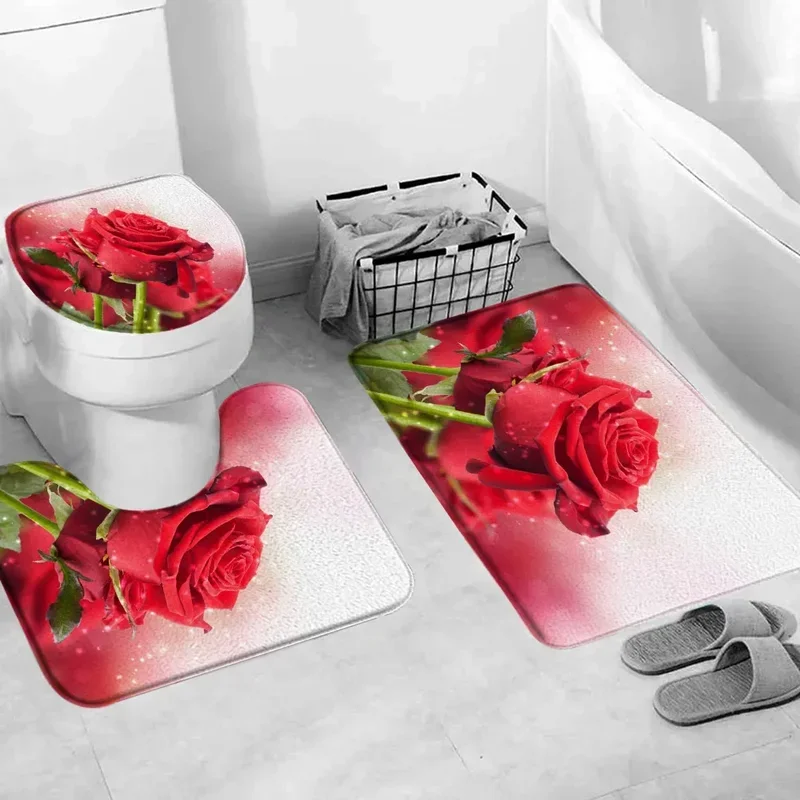 Red Rose Flower Bath Mat Set Fresh Florals Fields and Garden Plant Non-slip Toilet Lid Foot Rug Floor Mat Bathroom Accessory Set