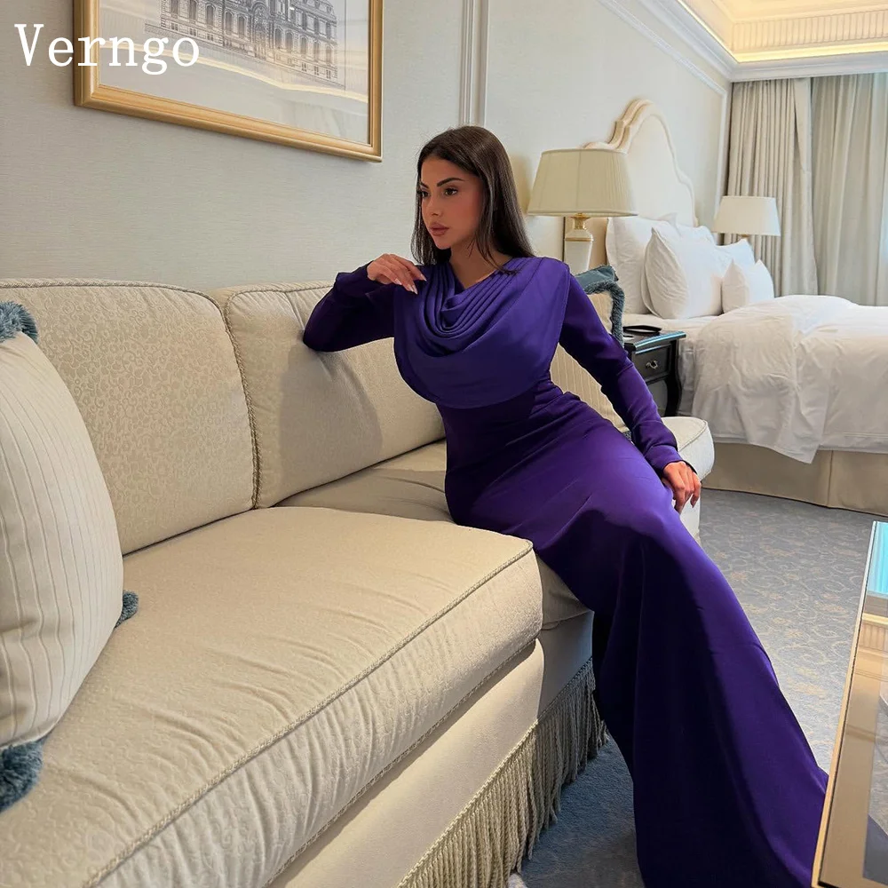 

Verngo Purple Crepe Evening Dress O Neck Full Sleeves Mermaid Formal Occasion Dresses Elegant Arabia Prom Gowns Customized