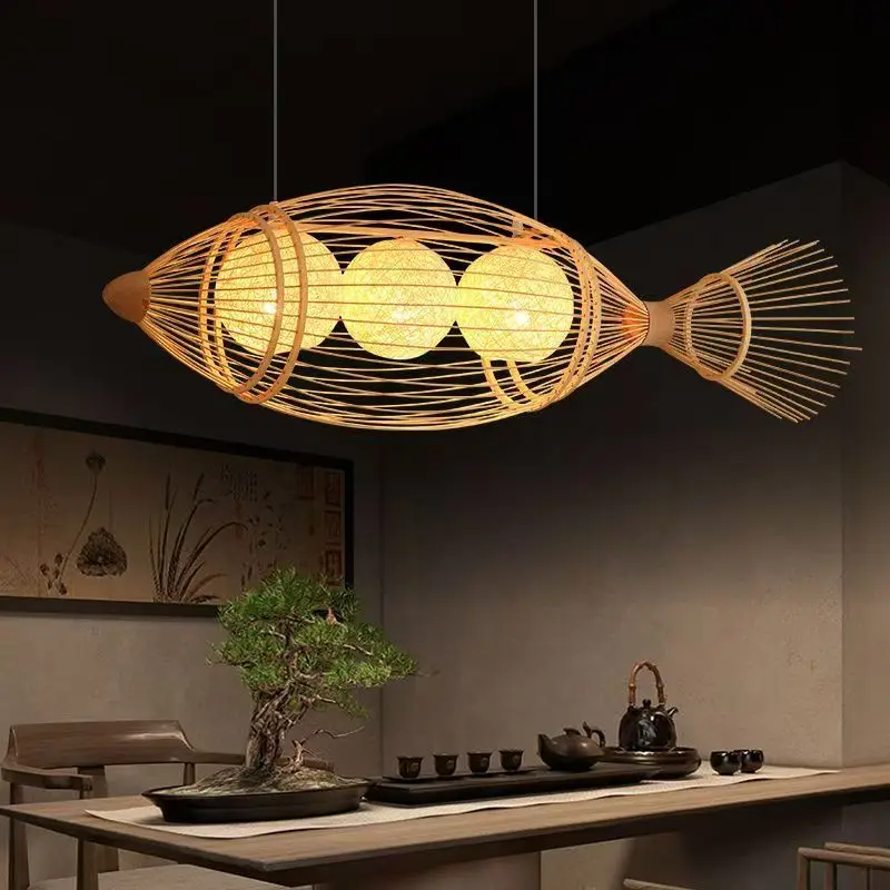Modern Fish Shaped Bamboo Woven Chandelier Retro Restaurant Zen Tea Room Lantern Creative Bamboo Art Lighting Fixtures