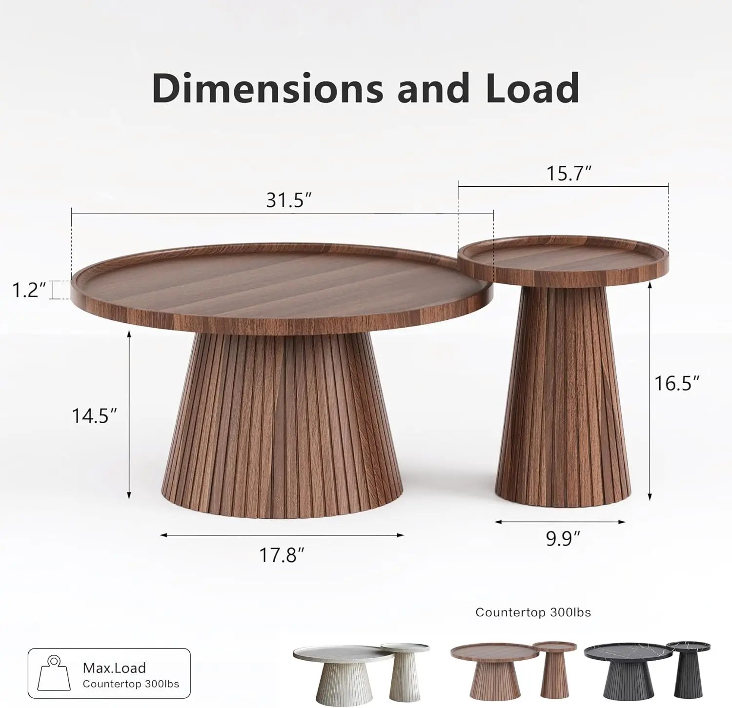 win2win Nesting Coffee Table Set of 2, Mid Century Modern Coffee Table with Wood Grain Veneer, Fluted Round Tea Table and End Ta