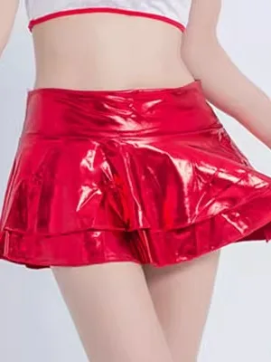 

Sexy Low-Waist Double-Layered Ultra-ort Skirt Performance Costume for Women Nightclub PVC Leather Simulation Biker Skirt