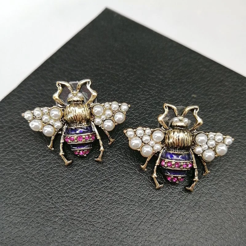 Vintage Women\'s Bee Brooches Made of Vintage Copper Pearls Insect Pins Earrings Decorations Holiday Gifts Wholesale
