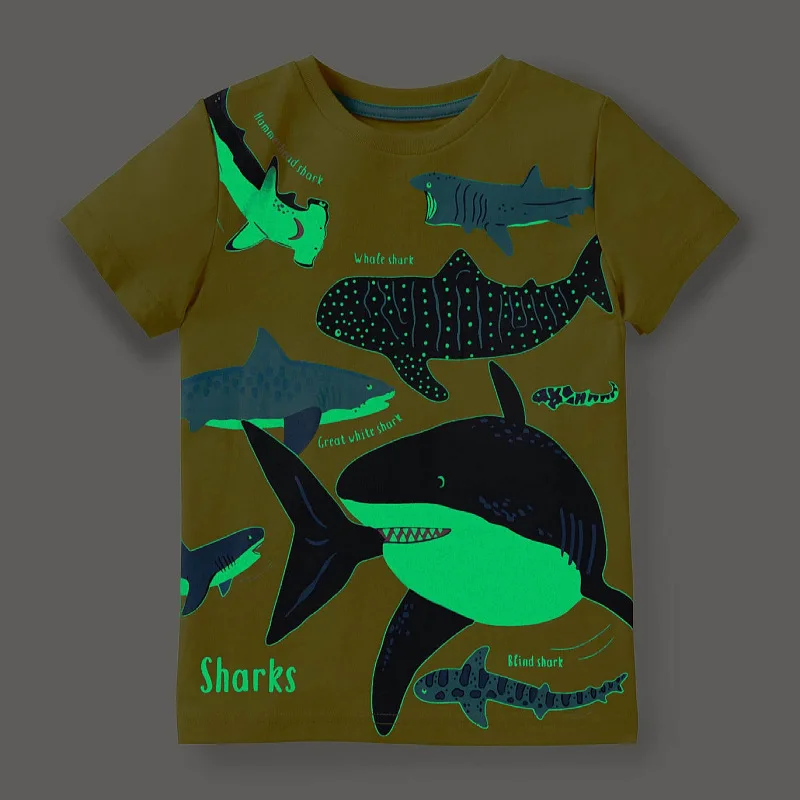 

1-8 Years Yellow Shark Kids Tee Shirt Boys Animal Glow In Dark Luminous Baby Short Sleeve Navy Blue Toddler Clothes OKT239407