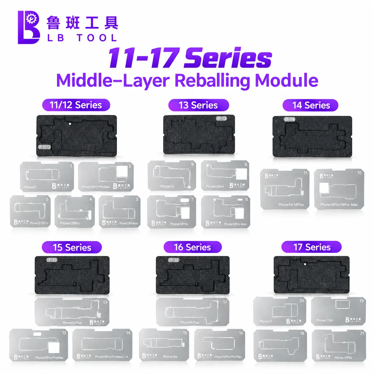 LB Middle Layer Reballing Stencil BGA Soldering Fixture For iPhone 11 12 13 14 15 16 17 Pro Max Motherboard Tin Plant Tool