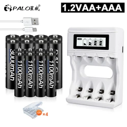 Batería AA PALO caliente 3000mah + 1,2 v AAA baterías recargables 1100mah con cargador de batería AA inteligente 1,2 v Ni-MH AA Aaa batería de juguete