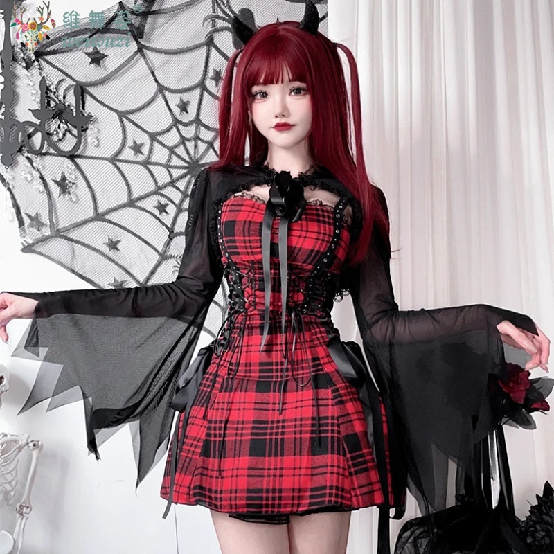 

Subcultural Dark Gothic Plaid A-line Dress Y2k Adult Women Halloween Costume Masquerade Party Vampire Witch Slim Short Dresses