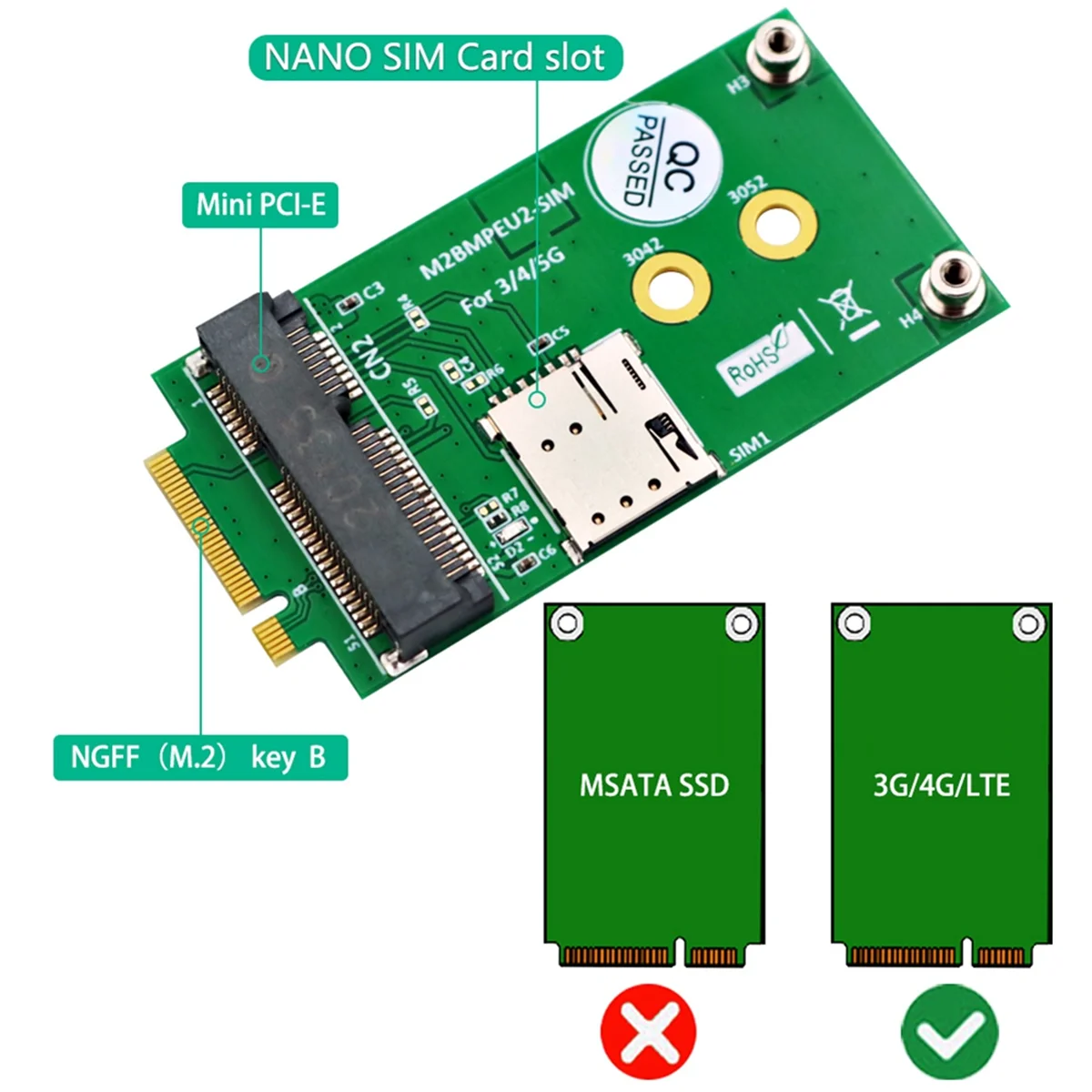 AT87-NGFF M.2 B Key Interface to Mini PCI-E MPCIE Wireless Adapter Card for 5G 4G 3G LTE GSM Module with NANO SIM Card Slot
