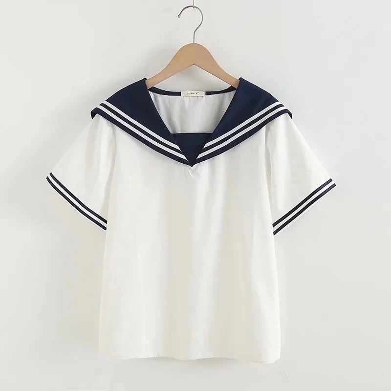 Summer Women Navy Shirts Patchwork Blouses Pullover Short Sleeve Lady Tops Sailor Collar Female Clothing