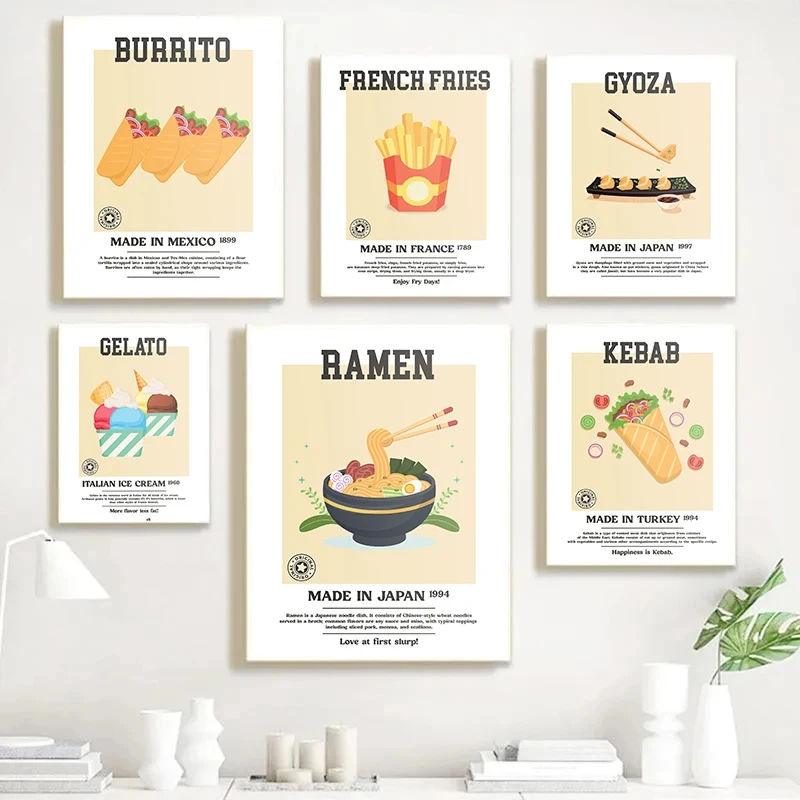 Retro-Lebensmittel-Poster, Burrito, Pommes Frites, Ramen, Crepes, Drucke, Leinwanddruck, Wandkunst, Bild für Küche, Restaurant, Dekoration, Geschenke