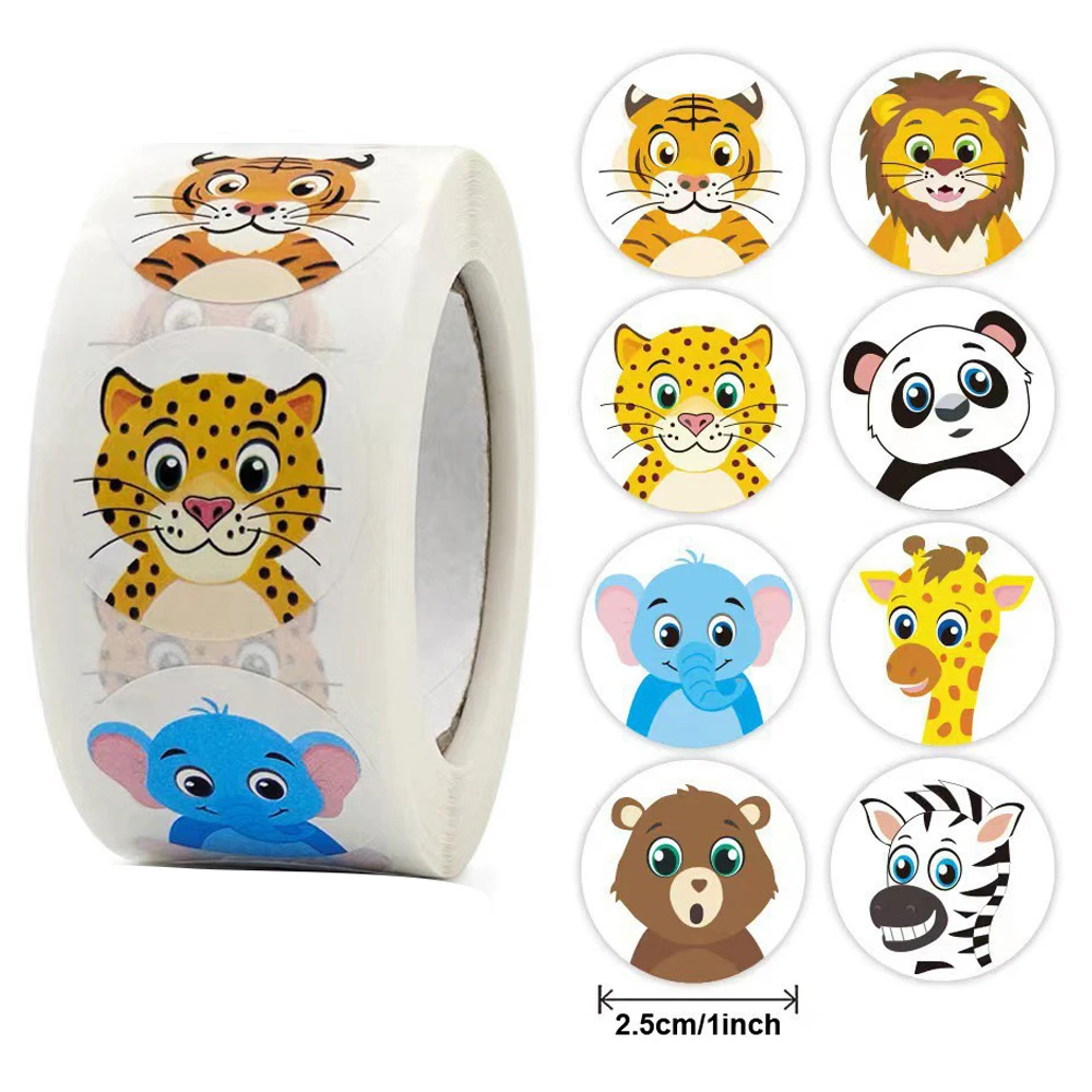 500pcs Round Cartoon Toys Animal Stickers for Kids Teacher Reward Encourage Labels Sticker Office Stationery for Children 1inch