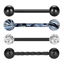 WKOUD 1-4PCS 14G Black Acrylic Balls Tongue Barbell Splatter 316L Stainless Steel Bar Tongue Rings Piercing 16mm