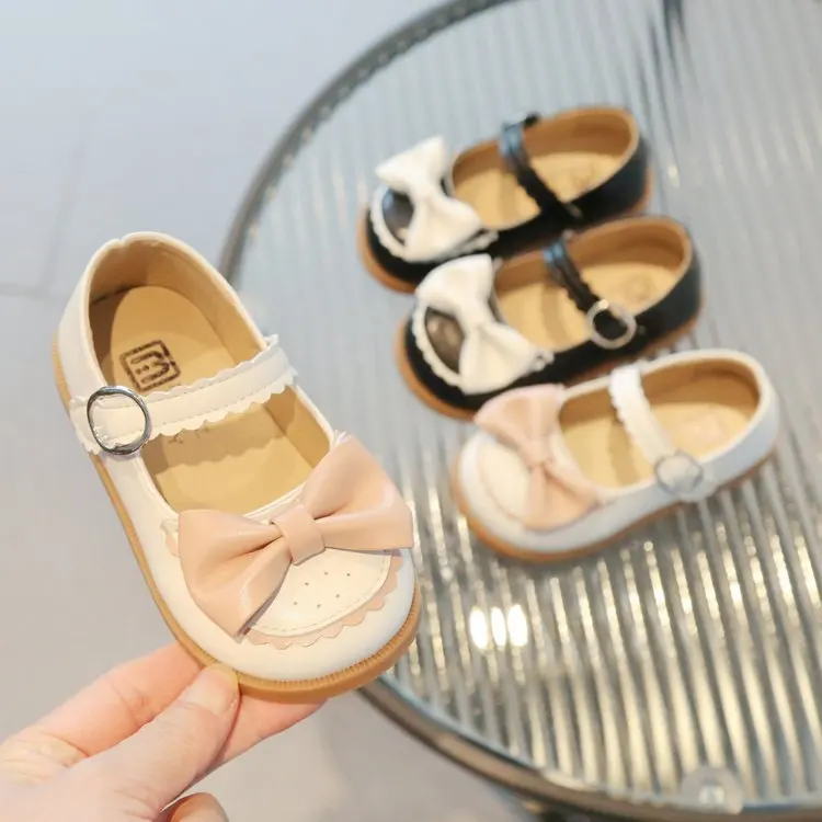 

New Children's Leather Shoes Bowtie Mary Jane Princess Shoes Baby Patchwork Ruffles Performance Shoes Kids Flats Toddlers