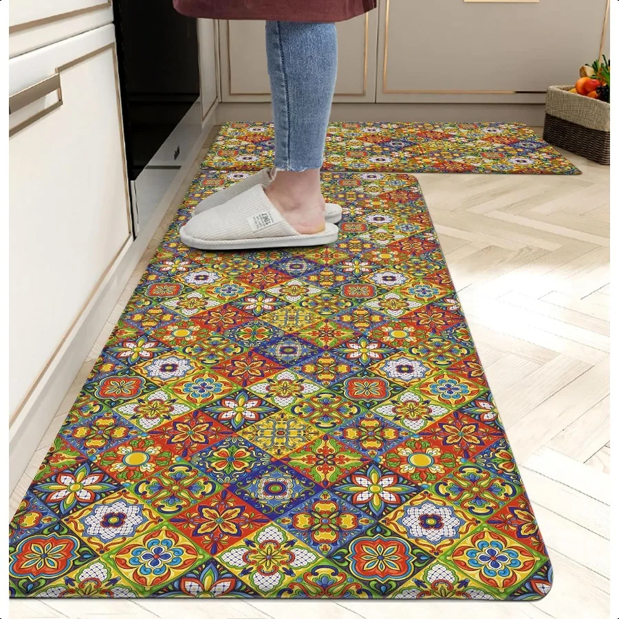 

Boho Kitchen Rugs Set 2 Memory Foam Colorful Ceramic Comfort Tile Floor Mat Anti Fatigue Noid PVC Runner Rug Water Oil Proof Ca