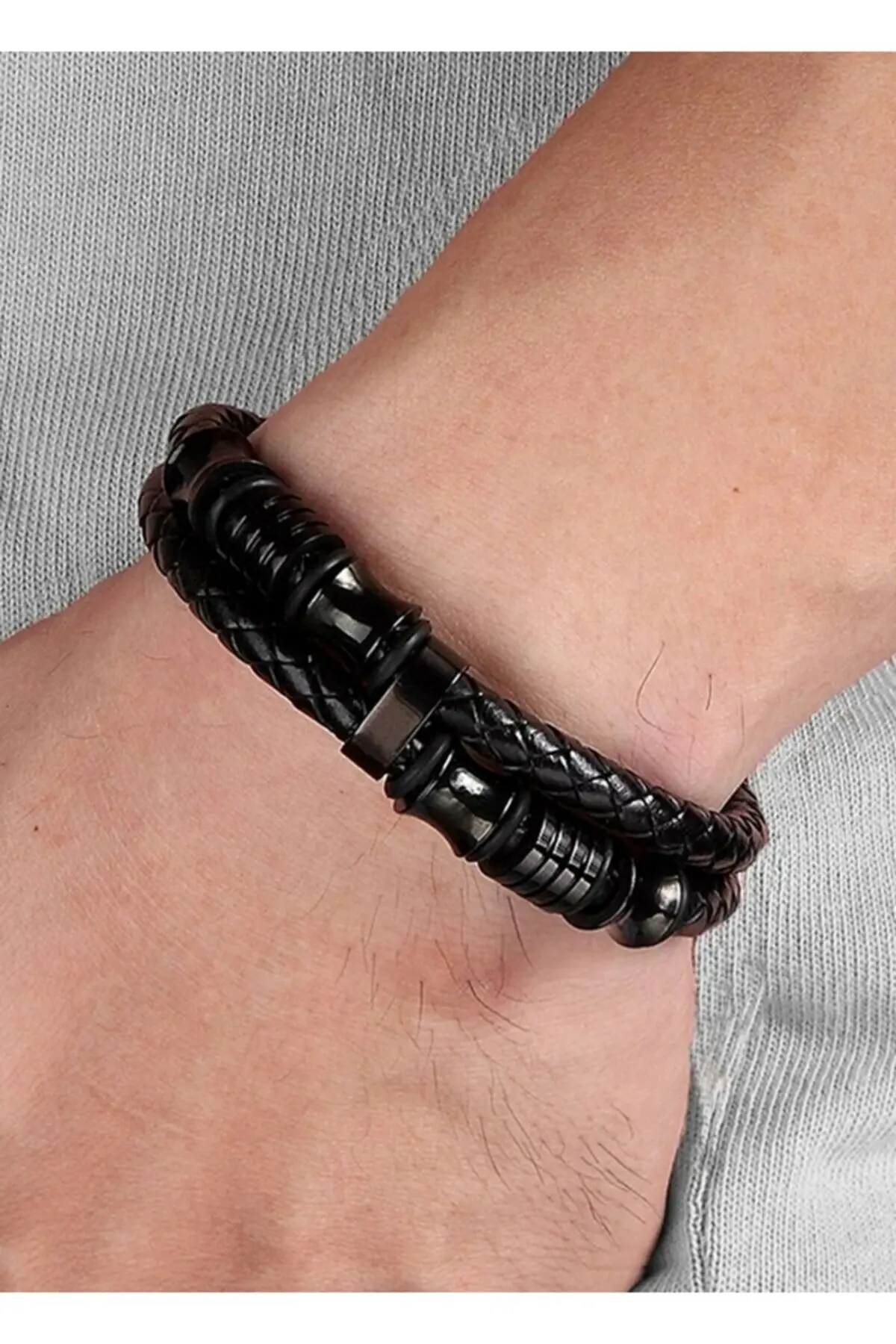 Men's Black Straw Knitted Genuine Leather Bracelet Gift Products Jewelry For Men Does Not Tarnish Material 21 Cm Length