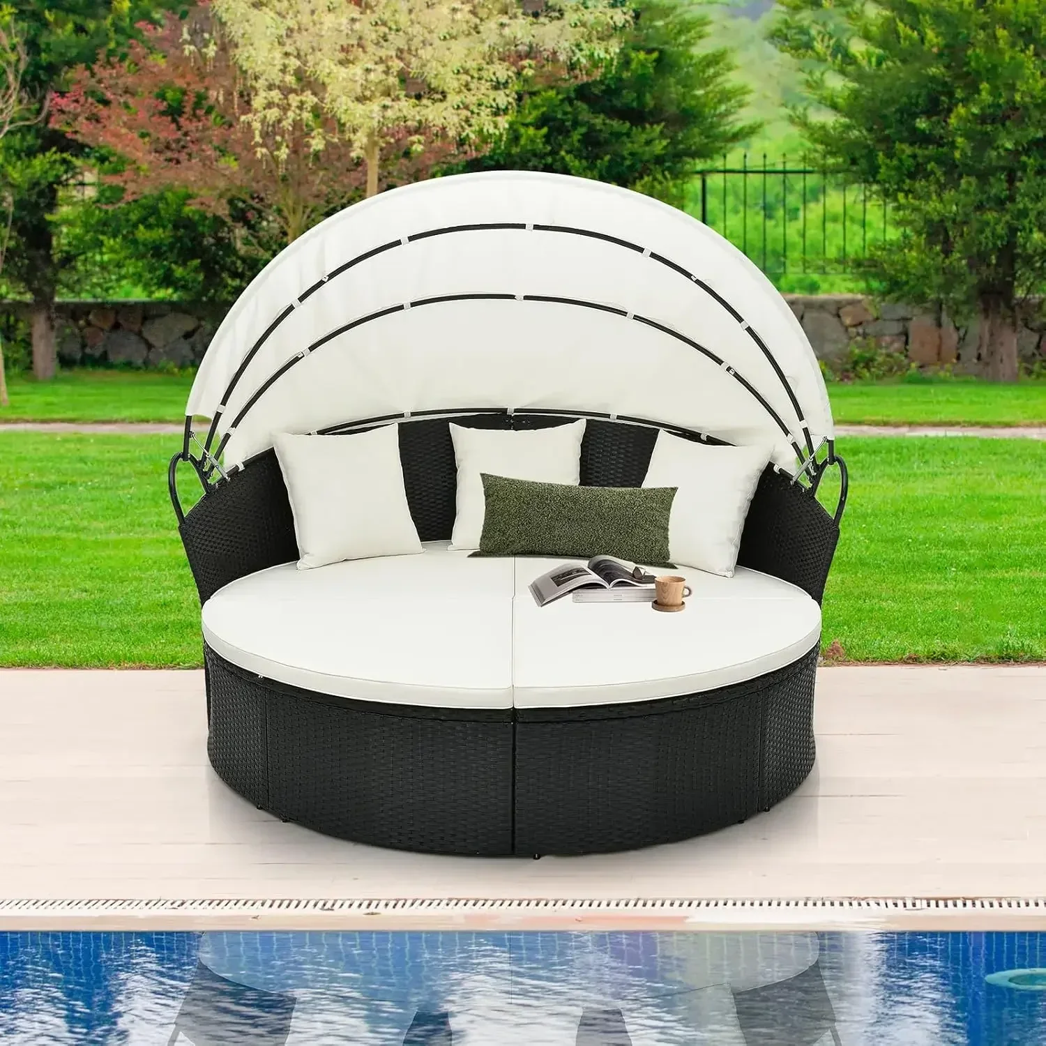 Outdoor Patio Round Daybed with Retractable Canopy,  Throw Pillows, Seating Separates Cushioned Seats for Backyard (Off White)