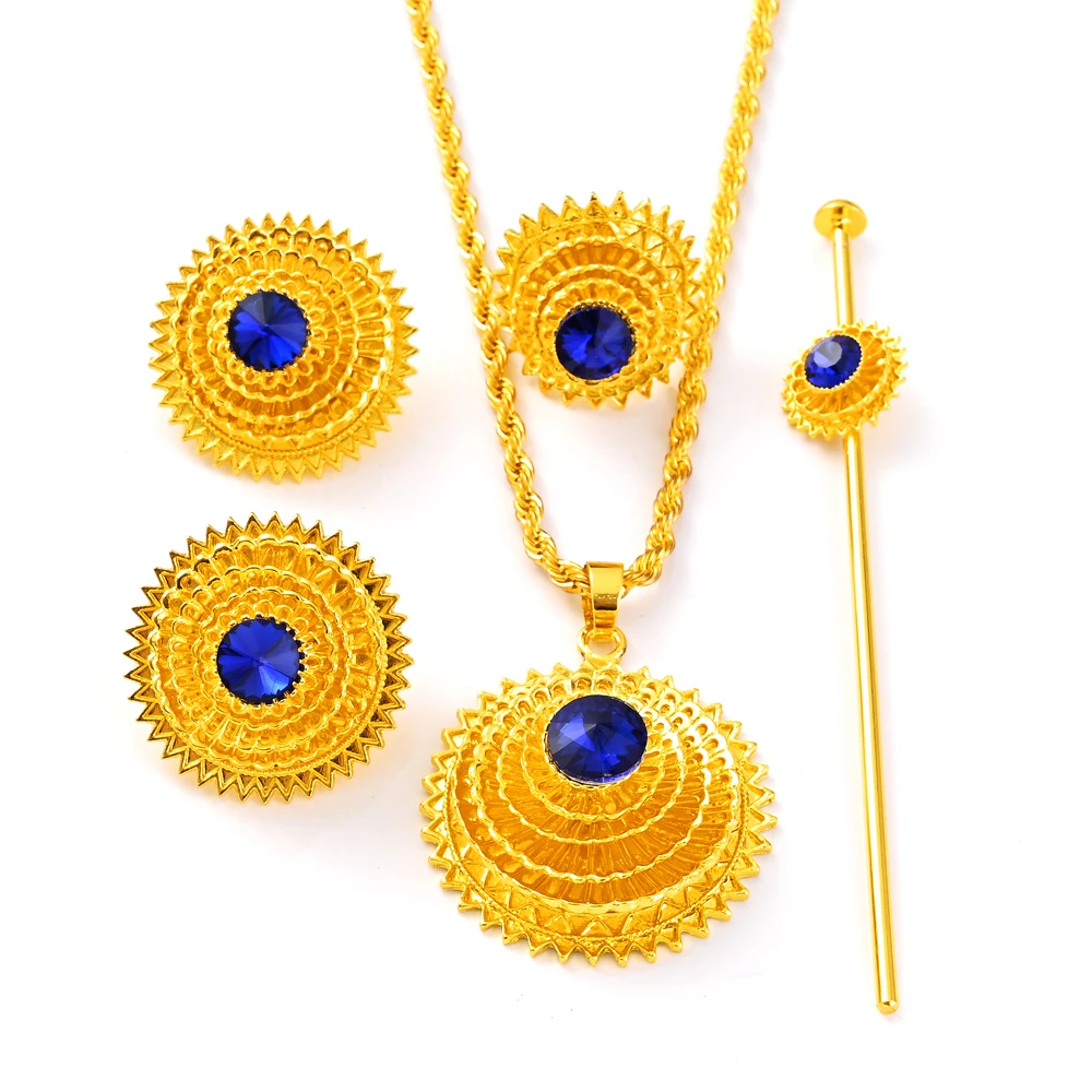 Ethiopian Traditional Blue Stone Gold Color Bridal Jewelry Set Necklace Earrings Ring Hairpain Gifts Wedding Jewellery For Women