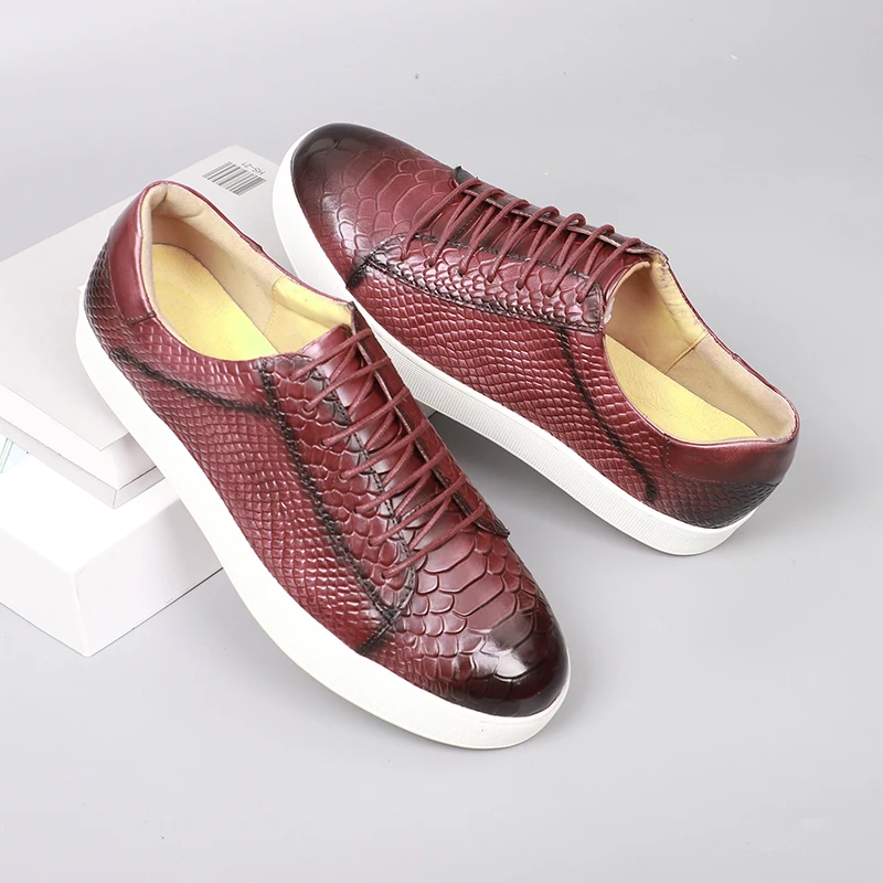 

Handcrafted Men's Genuine Leather Snakeskin Embossed Casual Shoes Pigskin Lining Rubber Outsole Daily Streetwear
