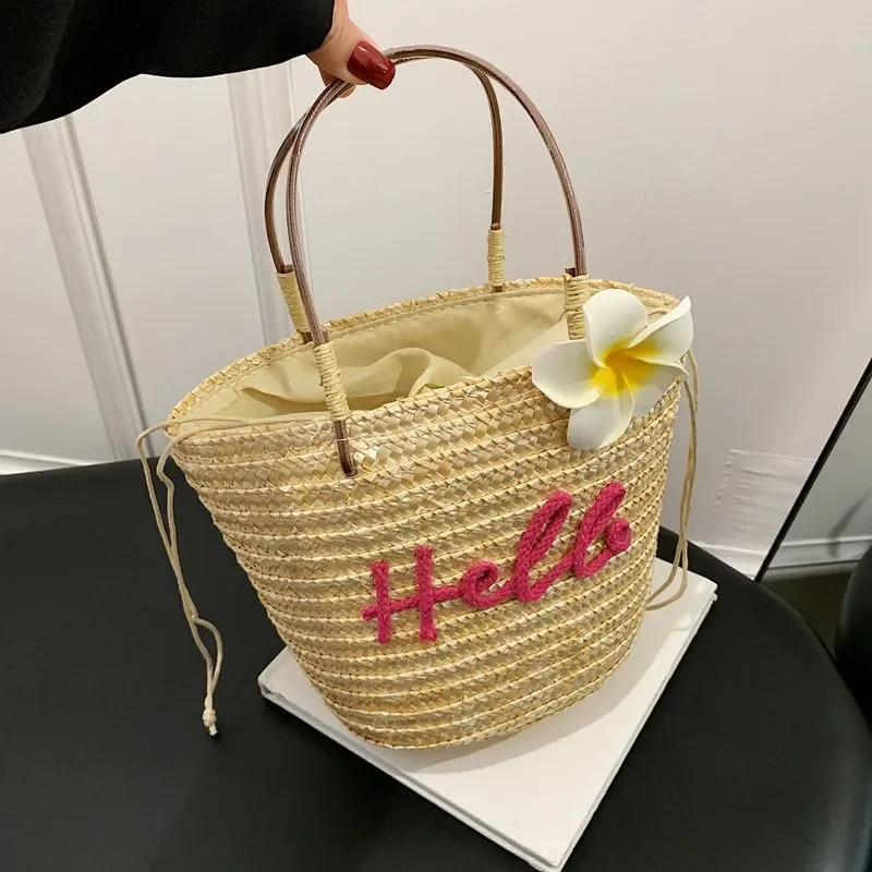 

Large Beach Straw Bag 2025 Summer Rattan Woven Handbags Bucket Design Top-Handle Tote Ladies Travel Shopping Bag Purse Sac