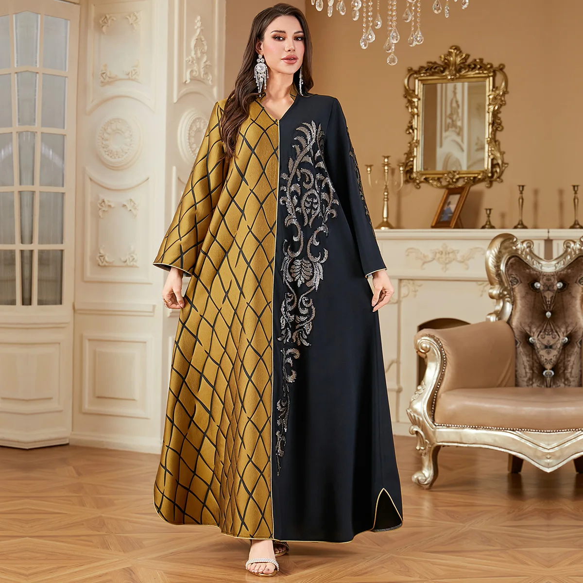 

2025 Middle Eastern Arabian Women's Color-block Spliced Straight Long Skirts, Dubai Fashion Applique Embroidered Dresses.