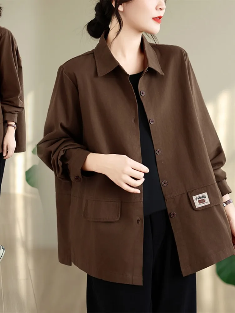 Retro Cotton Workwear Style Shirt Jacket Women's Loose Artistic Style Comfortable Match All Autumn Season Button up Coat