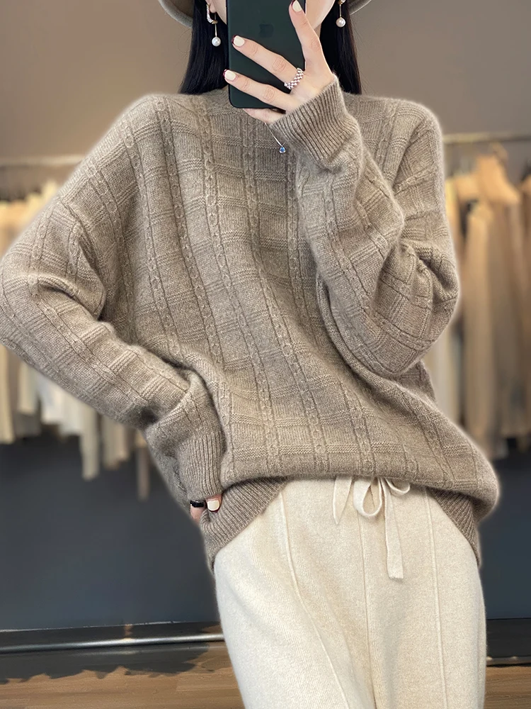 New Autumn Winter Cashmere Women’s O-neck Sweater Pullover Vintage Loose Plaid 100% Merino Wool Knitwear Comfort Popular Clothes