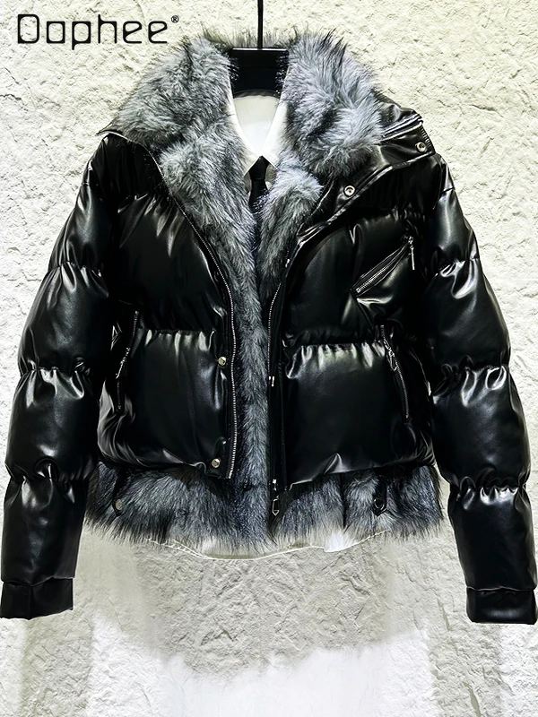 

Winter New Fake Two-Piece Spliced Plush Stand Collar Cotton Jacket Men Trendy PU Glossy Cotton Coat Thickened Warm Puffer Jacket