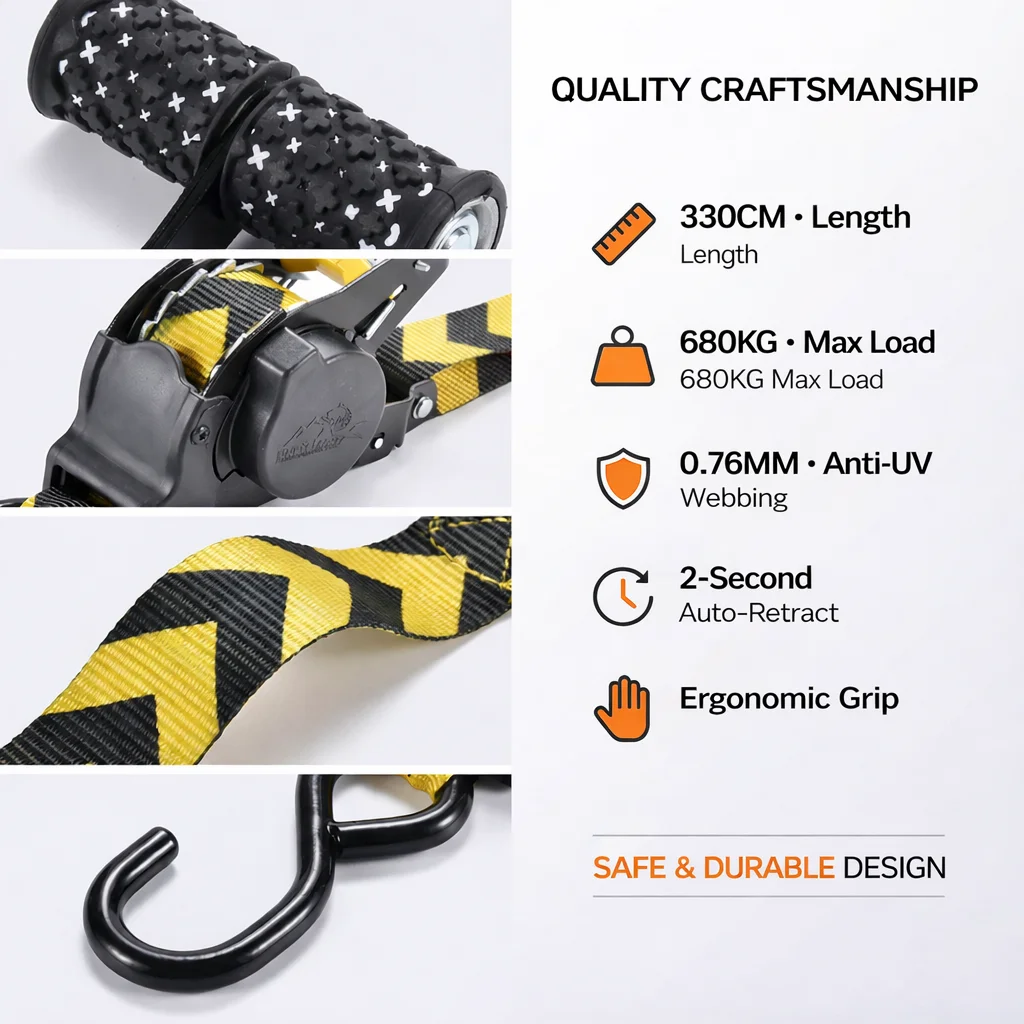 Retractable Heavy Ratchet Tie Down Strap 2.5 x 330CM 680KG Break Strength Quick Release for Motorcycle ATV Car Cargo Luggage