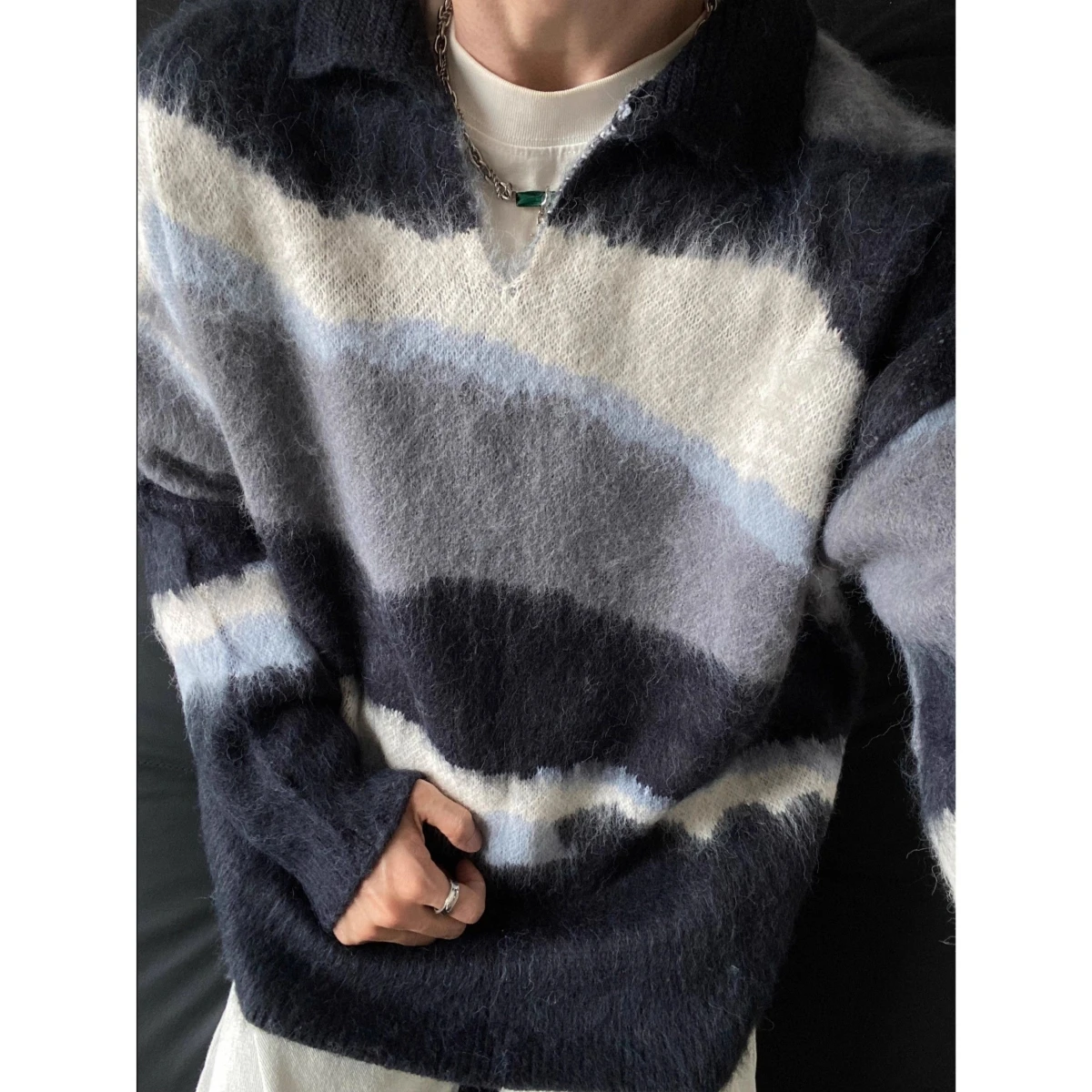 

Американский Sle винтажный нерегулярный цветной полосатый свитер для мужчин и женщин, осень-зима, новый ленивый Sle с искусственным норковым воротником...